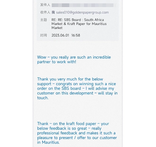 South African customers are very satisfied with our SBS board and karft food paper